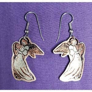 Copper And Silver Tone Angel Playing Harp Dangle Earrings, Lightweight Metal